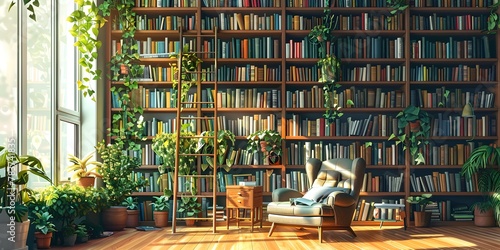 Cozy and Elegant Home Library with Floor to Ceiling Bookshelves Ladder and Inviting Reading Chair photo