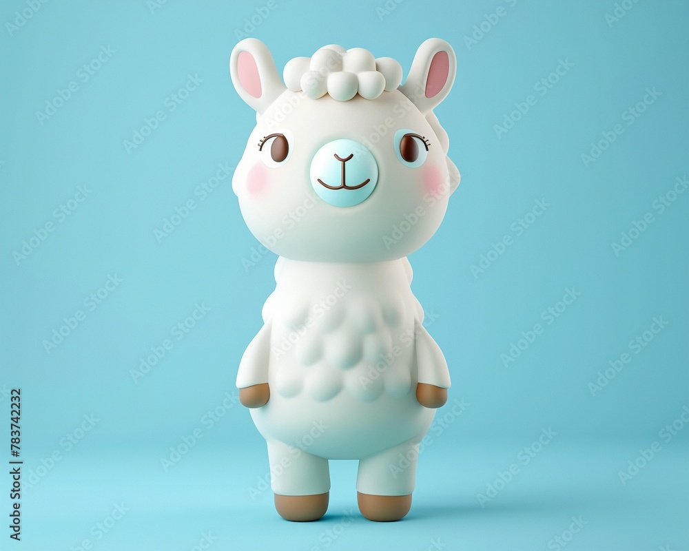 Naklejka premium Cute cartoon alpaca in 3D, soft pastel blue background, bright playful colors, standing pose