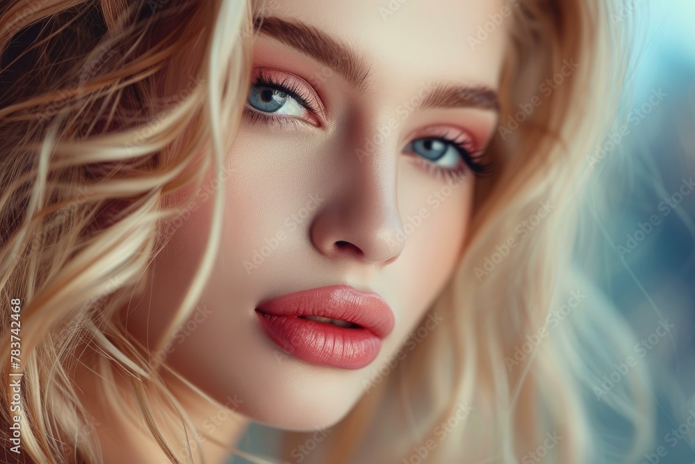 Fototapeta premium Fashionable Blonde female beauty cosmetics person. Makeup model portrait smiling wavy. Generate ai