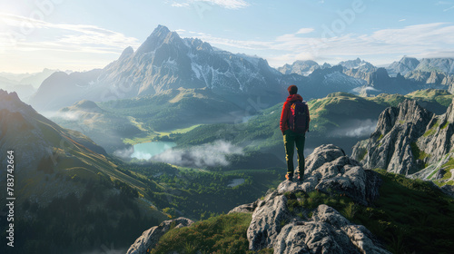 Solo traveler with hiking backpack standing and admiring beautiful landscape view from high mountain peak with cloudy sunny weather and mountains in the distance created with Generative AI Technology © AstraNova