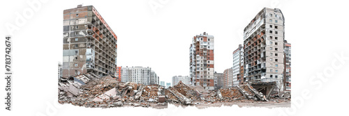 Demolished buildings and residential houses on white background , transparent png 