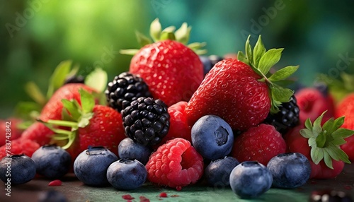 A colorful composition of handpicked berries like strawberries  blueberries  and raspberries.