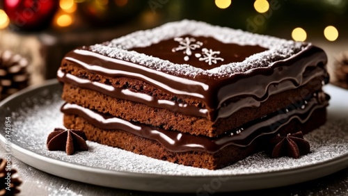  Delicate chocolate cake dusted with powdered sugar ready to be savored