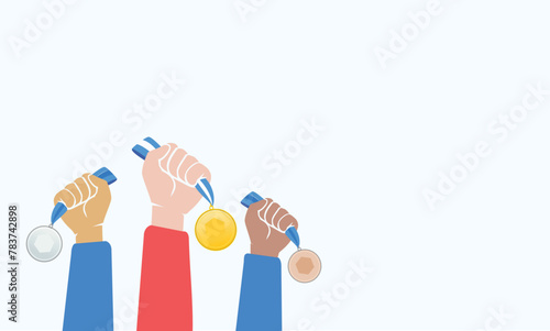 Great editable vector graphic of hands holding a gold, silver and bronze medal best for your background or any graphic purpose