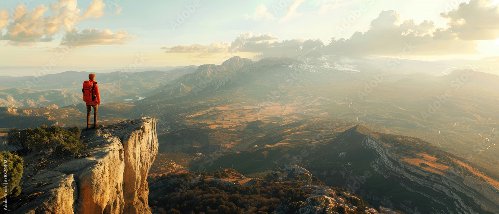 Solo traveler with hiking backpack standing and admiring beautiful landscape view from high mountain peak with cloudy sunny weather and mountains in the distance created with Generative AI Technology - obrazy, fototapety, plakaty 