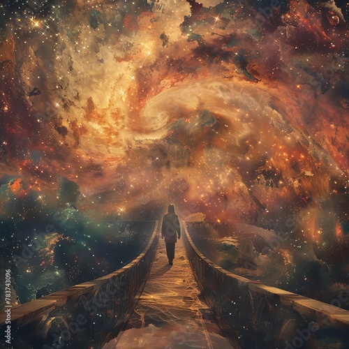 A lone figure walks across a bridge leading to a swirling galaxy in this evocative digital artwork. The image captures the feeling of embarking on a journey into the unknown