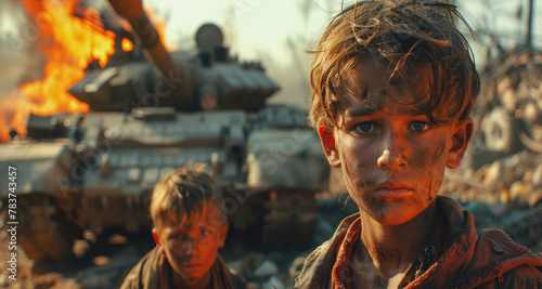 Children with dirty faces and shabby clothes watch a war scene, a tank is burning in the background. Fire and smoke, destroyed buildings, apocalyptic atmosphere