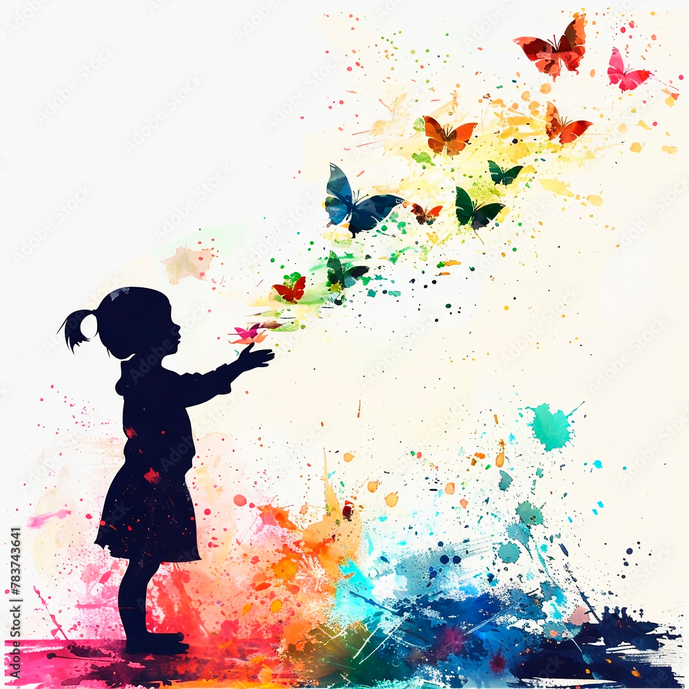 Multi-colored silhouette of a child playing with butterflies. Watercolor colorful illustration with splashes. Multi-colored silhouette of a child playing with butterflies. Watercolor colorful illustration with splashes.
