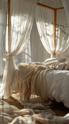 Close-up of a canopy bed draped with sheer curtains in a romantic bedroom, scandinavian style interior