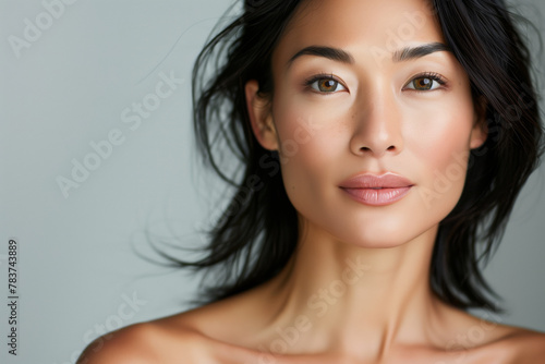 Stunning Close-Up Portrait of a Beautiful Asian Woman with Natural Makeup and Copy Space Description 