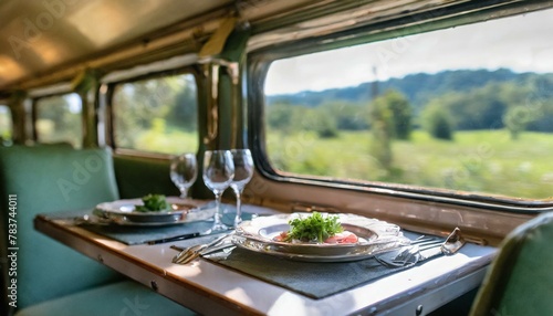 Inside a vintage train dining car, focus on an elegantly set table with classic silverware