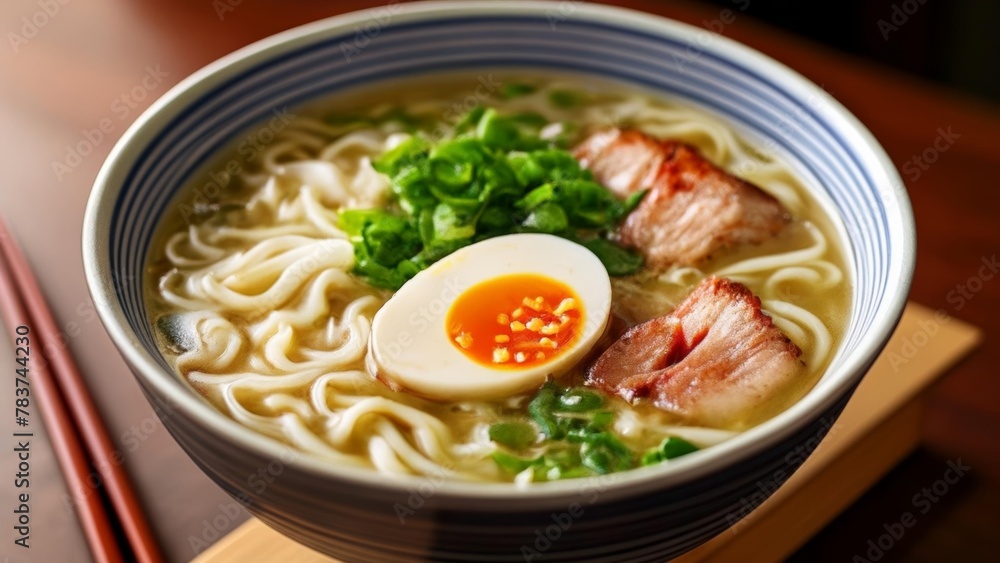 Delicious Asian noodle soup with egg and greens Delicious Asian noodle soup with egg and greens