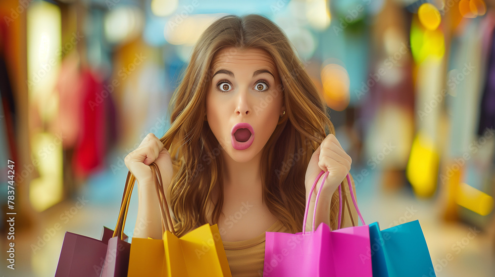 A surprised woman with shopping bags. Discount, Final Sales and Black Friday People lifestyle concept. A surprised woman with shopping bags. Discount, Final Sales and Black Friday People lifestyle concept.