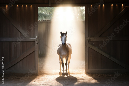 Working horse in a dark stable with sunlight peeking through the wooden door