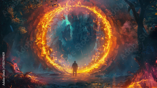 A traveler and programmer find rebirth within a ring of fire where magic and technology unite in unexpected synergy