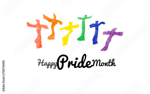 Rainbow drawing of LGBT crosses on white background with texts 'Happy Pride Month', concept for celebrating, supporting and attending the pride month events of LGBTQ+ people around the world.