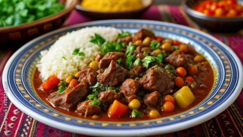  Deliciously spiced beef stew with rice served on a vibrant tablecloth