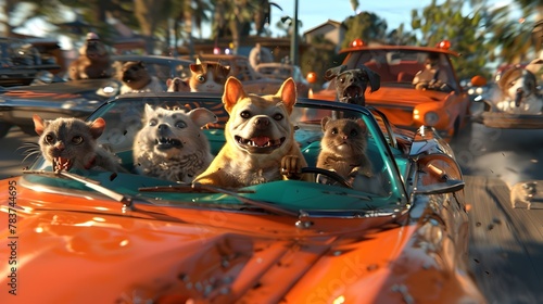 Furry Frenzy on the Road:A Comical Caravan of Critters in Chaotic Vehicular Escapades photo