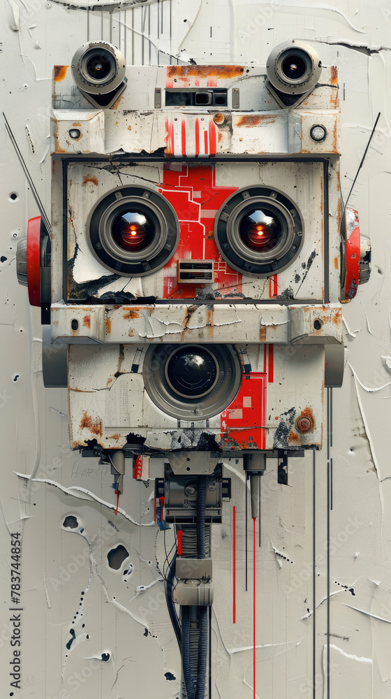 A visually striking artwork that combines elements of a broken camera and a futuristic robot face