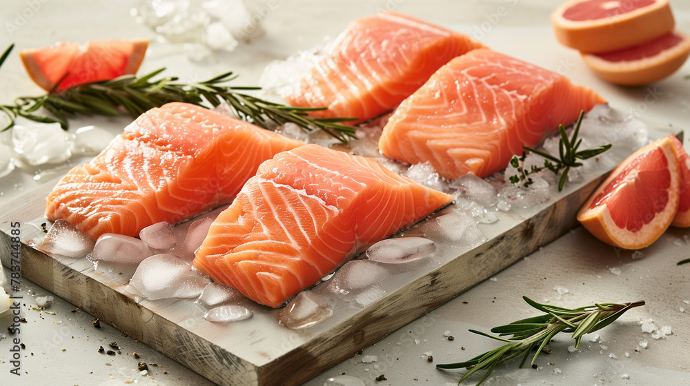 Raw salmon fillets on wooden cutting board with dill, rosemary and lemon. Juicy slice of fresh salmon with ingredients closeup isolated on a white background. Raw salmon pieces on wooden board. 