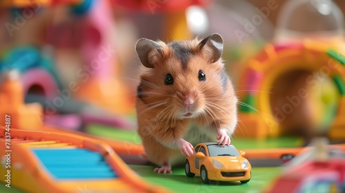 Determined Hamster Navigating Vibrant Toy Car Obstacle Course with Focus and Precision