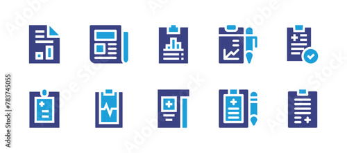 Report icon set. Duotone color. Vector illustration. Containing newspaper, analytics, business report, health report, medical report. © Huticon