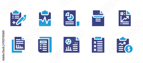 Report icon set. Duotone color. Vector illustration. Containing pie chart, medical report, report, health report, analysis, economic, newspaper.