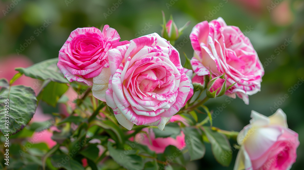 Pink and white striped roses in the garden. Pink and white striped roses Pink and white striped roses in the garden. Pink and white striped roses