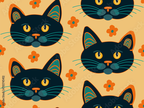 Seamless pattern vector image in flat cartoon style, black cat face on orange background