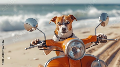 Playful Canine Companion Riding Motorcycle on Sunny Beach Getaway © vanilnilnilla