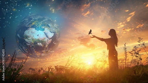 Woman touching planet earth of energy consumption of humanity at night, and free bird enjoying nature on sunset background