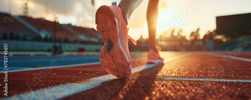 Focus on the running shoes of a runner training in the stadium at sunset, preparing for a sports competition.