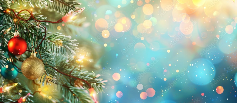A detailed view of a Christmas tree adorned with various ornaments and sparkling lights, creating a festive atmosphere A detailed view of a Christmas tree adorned with various ornaments and sparkling lights, creating a festive atmosphere