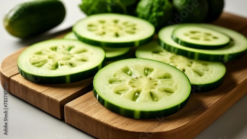  Freshly sliced cucumbers on a wooden board