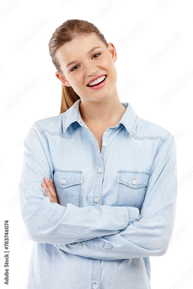 Girl, arms crossed and smiling in studio portrait for confidence, style and fashion in smart casual shirt. Female person, happy and relaxed on white background for work clothes or professional wear Girl, arms crossed and smiling in studio portrait for confidence, style and fashion in smart casual shirt. Female person, happy and relaxed on white background for work clothes or professional wear
