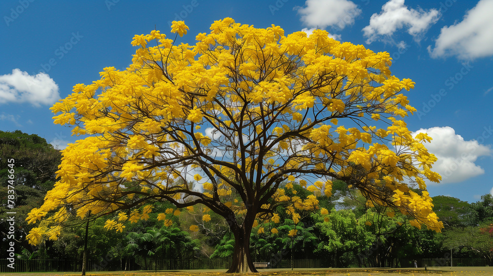 Fototapeta premium Bloom detail yellow ipe with blue sky