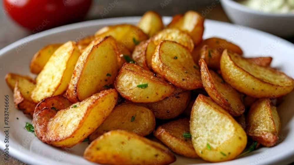 Crispy golden potato wedges ready to be savored Crispy golden potato wedges ready to be savored