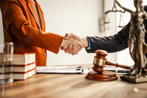 Shaking hands signifies mutual agreement and professionalism. It embodies the essence of justice, with lawyers, judges, and authorities collaborating within the framework of law and judgment.