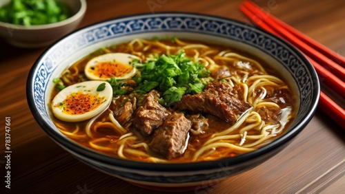  Delicious beef noodle soup with a soft boiled egg ready to be savored