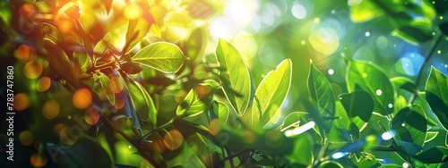 A colorful background depicting the process of photosynthesis, with sunlight interacting with plant leaves and generating energy.