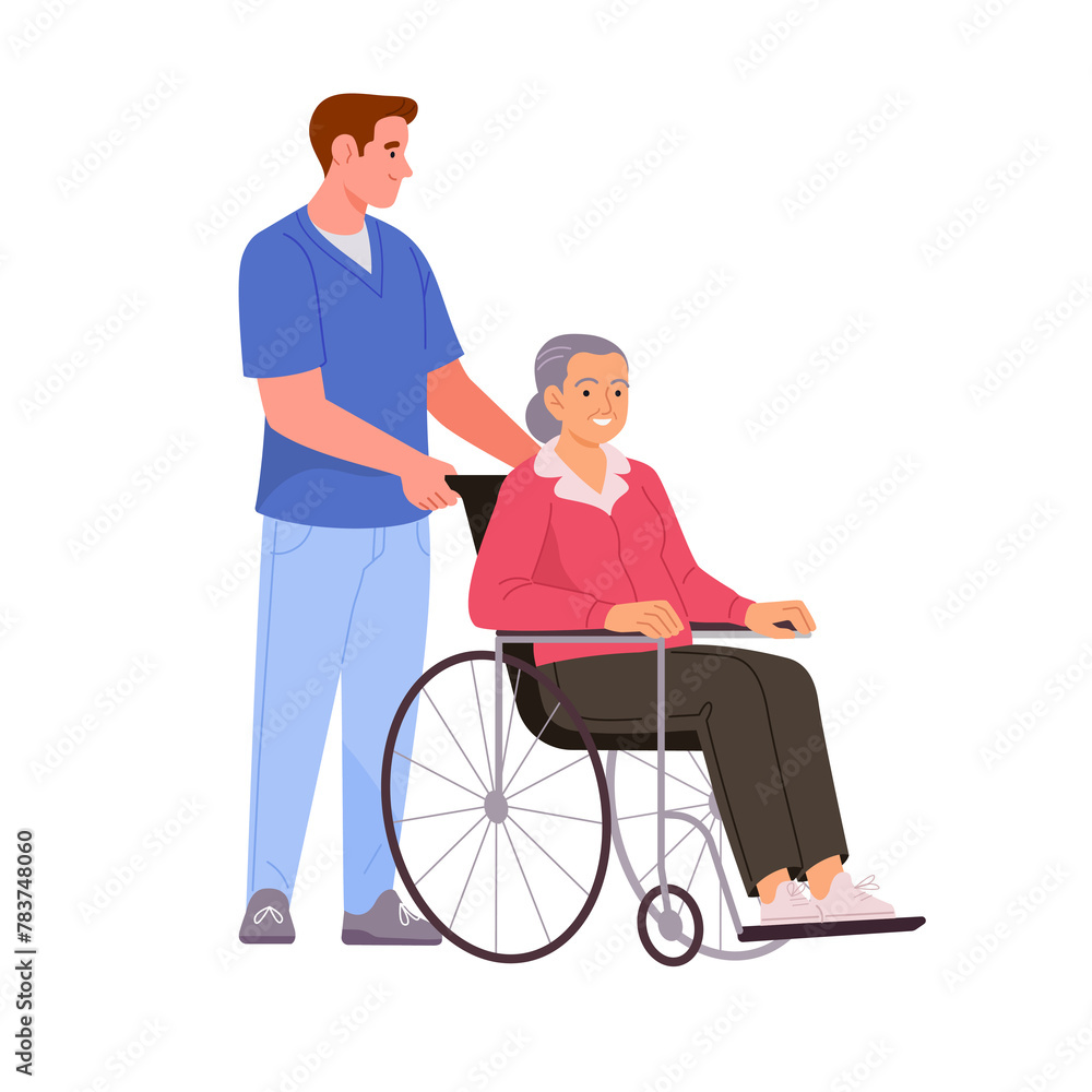 Disabled seniors support. Vector illustration in flat cartoon style of elderly woman in a wheelchair and a male young doctor helping her. Isolated on transparent background. Disabled seniors support. Vector illustration in flat cartoon style of elderly woman in a wheelchair and a male young doctor helping her. Isolated on transparent background.