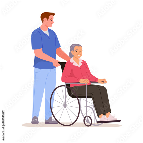 Disabled seniors support. Vector illustration in flat cartoon style of elderly woman in a wheelchair and a male young doctor helping her. Isolated on white background.