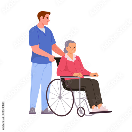 Disabled seniors support. Vector illustration in flat cartoon style of elderly woman in a wheelchair and a male young doctor helping her. Isolated on transparent background.