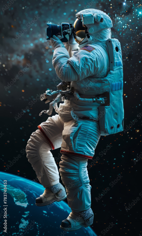 Fototapeta premium Full body astronaut Camera man in outer space holding his camera. close up.