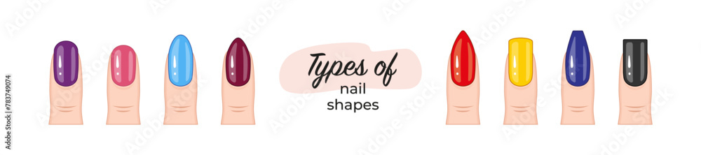 A banner with a hand with nails and the words types of nail shapes. The nails are painted in different colors-01 A banner with a hand with nails and the words types of nail shapes. The nails are painted in different colors-01