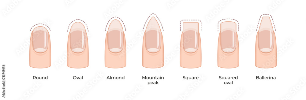 A set of seven different nail shapes, each with a unique design. The shapes range from square to oval, and they are all arranged in a row. A set of seven different nail shapes, each with a unique design. The shapes range from square to oval, and they are all arranged in a row.