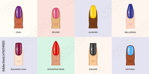 Index finger with multi-colored nails and a beautiful manicure. Mix of female fingers with different skin colors-02