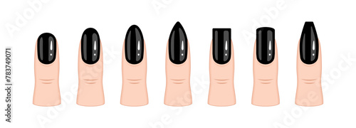 Set of different nail shapes in black. The nails are completely covered with varnish. photo