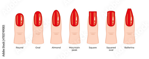 Fingers with red polish with different types of nails.
