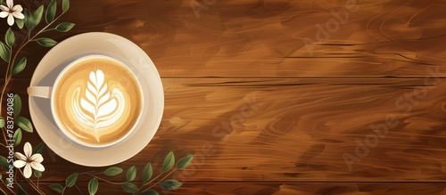 Coffee latte seen from above, displaying an artistic flower design on a wooden surface